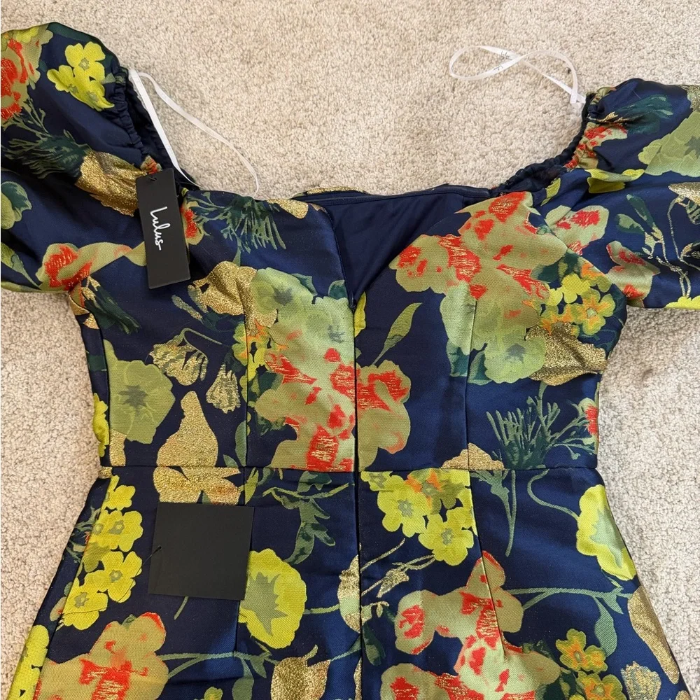 LULUS navy blue floral puff sleeve mini dress - Picture 5 of 6